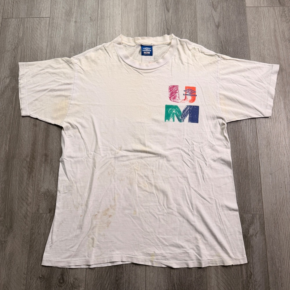 Vintage 90s Umbro T-Shirt XL White USA Made Color Block Logo Soccer Streetwear